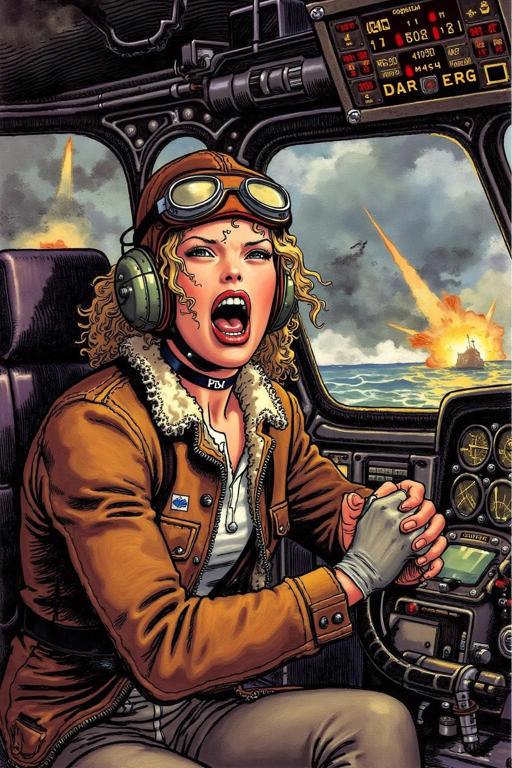 itacomic1 illustration. A female pilot screaming inside the cockpit of a WWII bomber. The pilot, wearing a vintage leather flight helmet with goggles and a brown bomber jacket, grips the controls with white-knuckled hands. Her face is contorted in a mix of fear and determination as she yells, her eyes wide with adrenaline. The cockpit is cramped and filled with old-fashioned dials and gauges, with the outside view showing dark stormy clouds and distant anti-aircraft fire. The scene is lit by the eerie glow of the instrument panel, casting harsh shadows across her face, emphasizing the intensity and danger of the moment. High contrast, dynamic composition, gritty and realistic, with a cinematic feel. <lora:itacomic_mima4_nocap_d4a2:1.0><lora:801711351807596898:0>