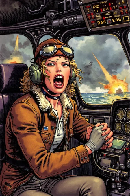 itacomic1 illustration. A female pilot screaming inside the cockpit of a WWII bomber. The pilot, wearing a vintage leather flight helmet with goggles and a brown bomber jacket, grips the controls with white-knuckled hands. Her face is contorted in a mix of fear and determination as she yells, her eyes wide with adrenaline. The cockpit is cramped and filled with old-fashioned dials and gauges, with the outside view showing dark stormy clouds and distant anti-aircraft fire. The scene is lit by the eerie glow of the instrument panel, casting harsh shadows across her face, emphasizing the intensity and danger of the moment. High contrast, dynamic composition, gritty and realistic, with a cinematic feel. <lora:itacomic_mima4_nocap_d4a2:1.0><lora:801711351807596898:0>