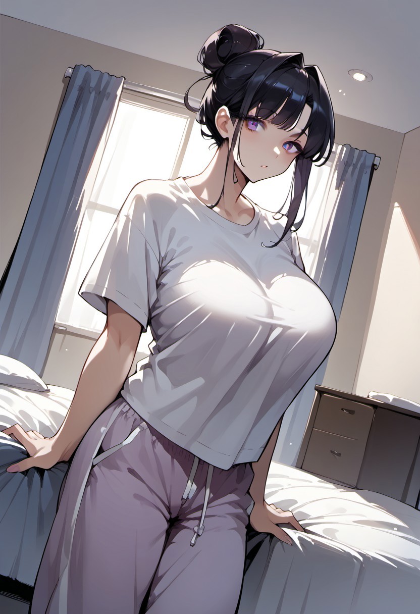 score_9, score_8_up, score_7_up, score_6_up, 1girl, source_anime, 
1girl, Hina,
haircut bangs, hair bun, large breasts, baggy t-shirt, pajama pants,  blanket,
Indoors, living room,
Dutch angle,