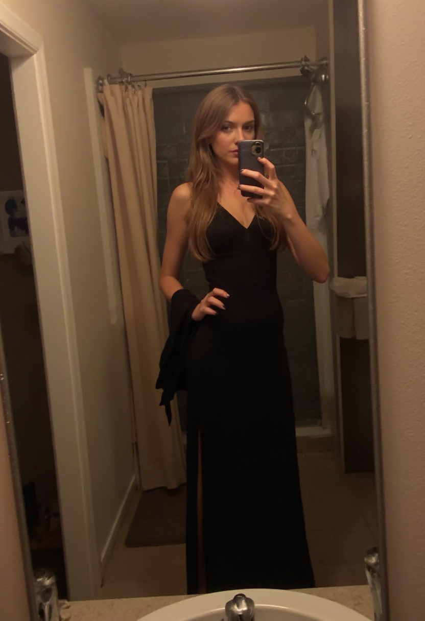 photo selfie of a woman in an elegant conservative black dress in a bathroom mirror, artificial light at night <lora:mobile-000081:1>