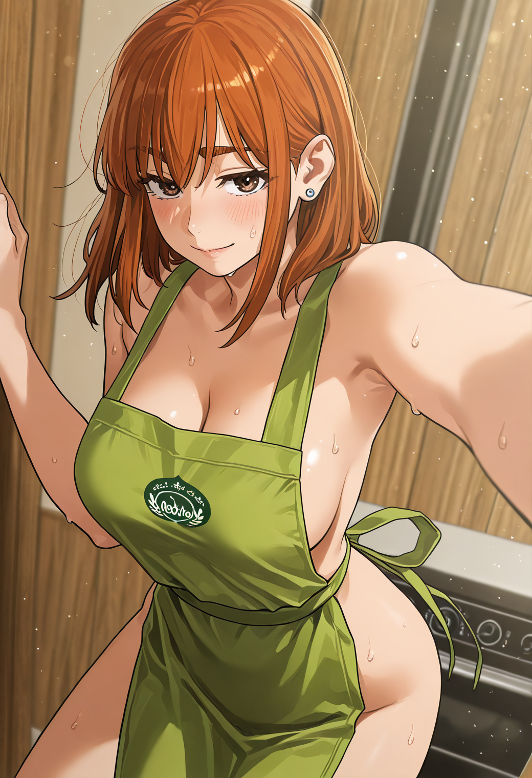 <lora:Kusano_Shizuku_Futari_Solo_Camp:1>,
1girl,ksh1zku,orange_ksh1zku_hair,brown_ksh1zku_eyes,couple focus,earrings,medium hair,large breasts,brown eyes,
looking at viewer,blush,seductive smile,kabedon on viewer,naked apron,green apron,sweat,
masterpiece,best quality,newest,absurdres,depth of field,anime screencap,detailed background,subsurface scattering,realistic shading,volumetric lighting,natural lighting,light particles,intricate details,good quality,very awa,highres,perfect proportions,perfect eyes BREAK
visual effects,shadow dutch angle,dynamic angle,dynamic action,atmospheric perspective,cinematic,intricately detailed illustration,amazing quality,very aesthetic