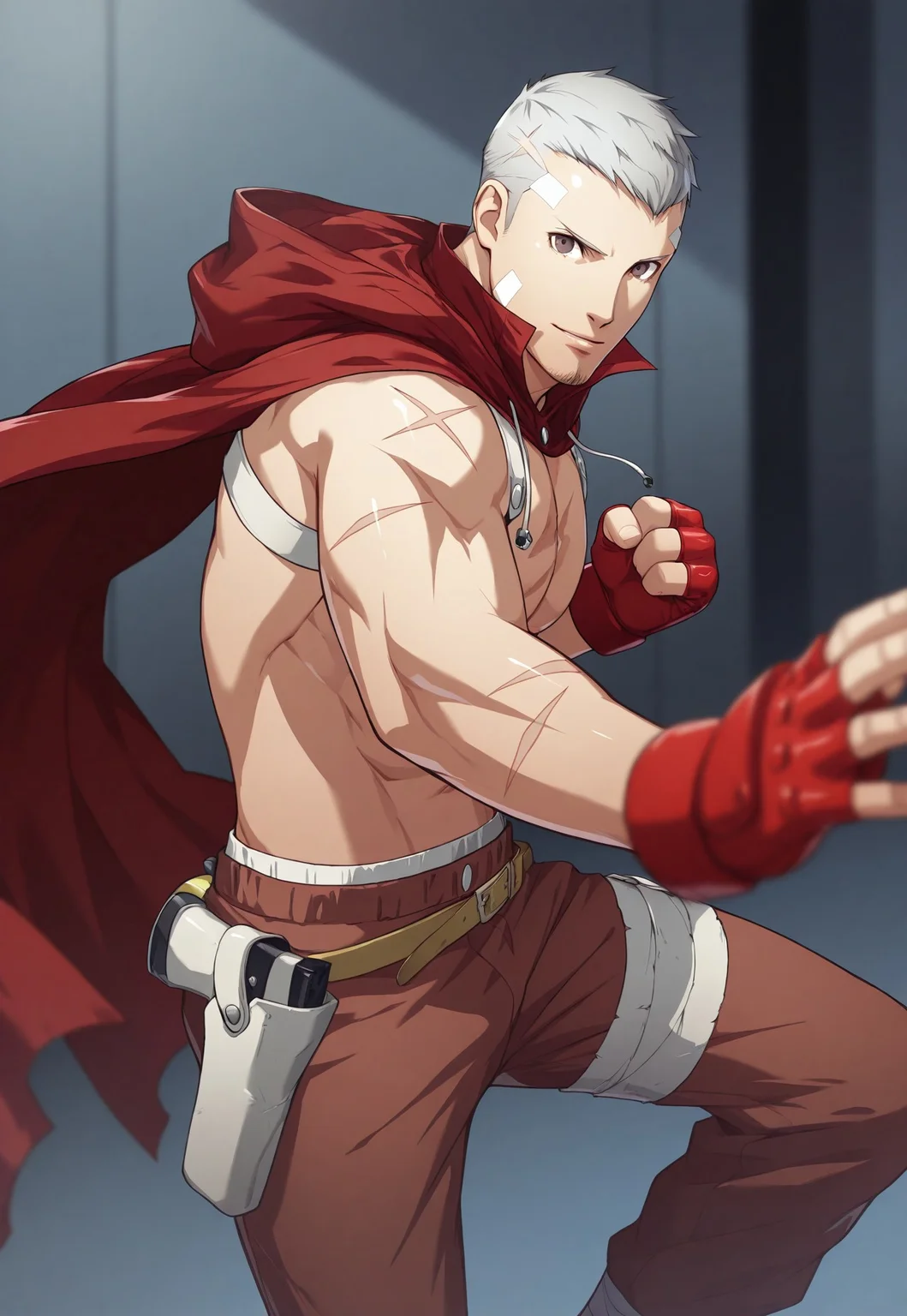 sanada akihiko \(persona\), 1boy, short hair, gray hair, undercut, hazel eyes, detailed eyes, black goatee, bandaid on right chin, bandaid on left forehead, scar on body, scar on chest, scar on arms, white harness, red fingerless gloves, brown pant, leg bandage, holsters, red cape, hoodie, fighting stance, looking at viewer, very awa, masterpiece, best quality, absurdres, newest, perfect quality, detailed background, intricate details