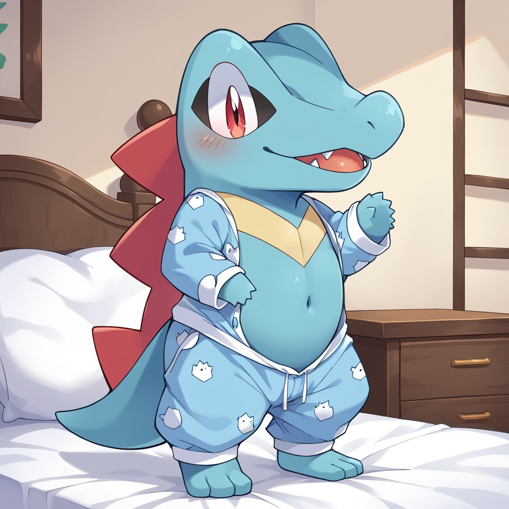 score_9, score_8_up, score_7_up, source_anime, source_furry,rating_explicit,bedroom,indoors,BREAK ,chibi,
solo,totodile, pokemon (creature),female,
clothes,pajamas, baggy pajama pants,barefoot,
