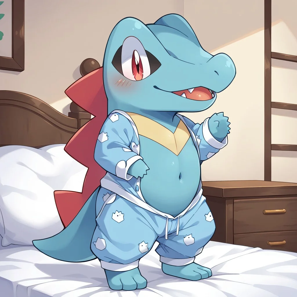 score_9, score_8_up, score_7_up, source_anime, source_furry,rating_explicit,bedroom,indoors,BREAK ,chibi,
solo,totodile, pokemon (creature),female,
clothes,pajamas, baggy pajama pants,barefoot,