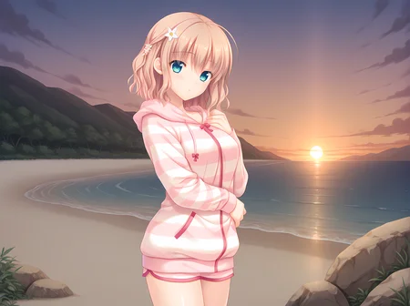 azusa,kinmedai pink,solo,loungewear,hoodie,rock garden,cowboy shot,beach,sunset,<lora:Hanakura_Azusa:0.8>,, masterpiece, best quality, amazing quality, very aesthetic, absurd, newest, detailed eyes