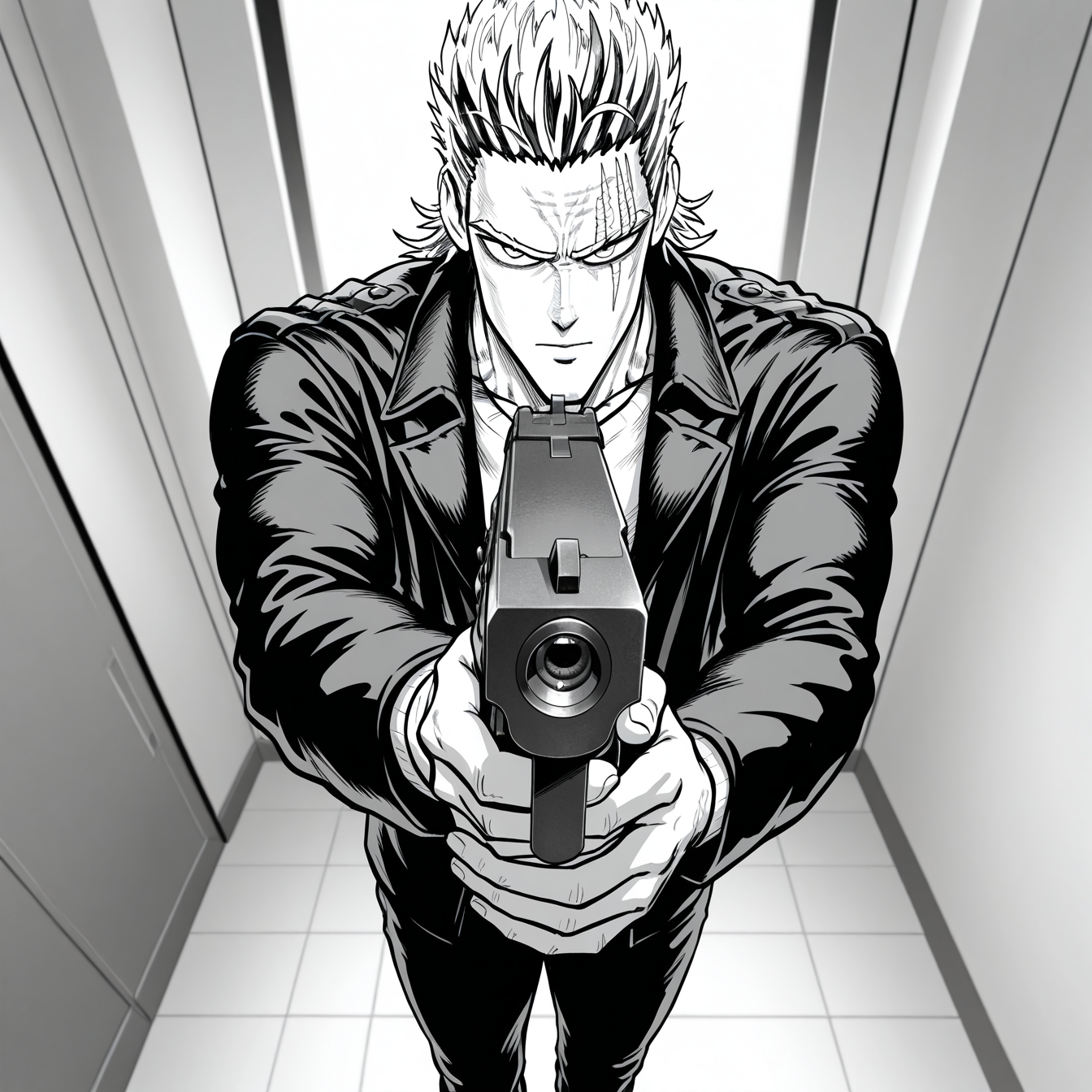 1boy, opmstyle, aged up, greyscale, monochrome, jacket, king \(one-punch man\), holding weapon, scar over eye, scar, closed mouth, from above, jacket, muscular, looking at viewer, foreshortening, aiming at viewer, handgun, looking at viewer, solo, room, high quality, best quality, amazing quality, highres, absurdres, masterpiece, aesthetic,  <lora:OPMStyle:1>