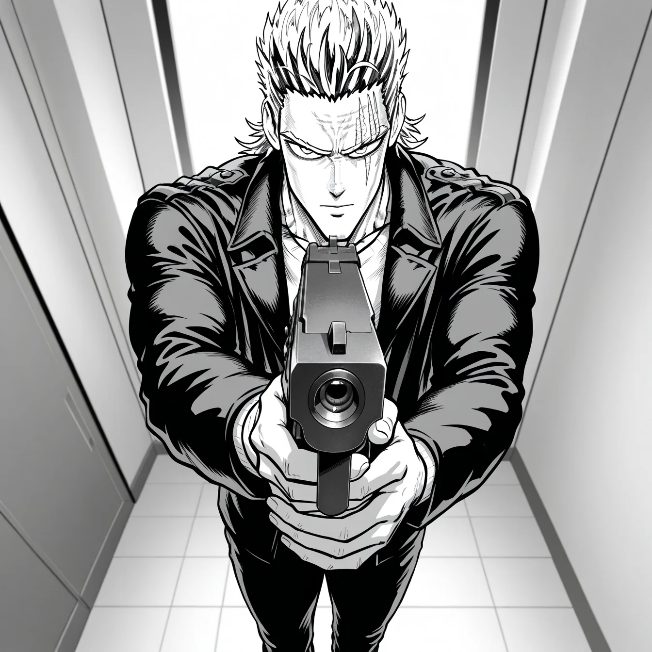 1boy, opmstyle, aged up, greyscale, monochrome, jacket, king \(one-punch man\), holding weapon, scar over eye, scar, closed mouth, from above, jacket, muscular, looking at viewer, foreshortening, aiming at viewer, handgun, looking at viewer, solo, room, high quality, best quality, amazing quality, highres, absurdres, masterpiece, aesthetic, <lora:OPMStyle:1>