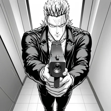 1boy, opmstyle, aged up, greyscale, monochrome, jacket, king \(one-punch man\), holding weapon, scar over eye, scar, closed mouth, from above, jacket, muscular, looking at viewer, foreshortening, aiming at viewer, handgun, looking at viewer, solo, room, high quality, best quality, amazing quality, highres, absurdres, masterpiece, aesthetic, <lora:OPMStyle:1>