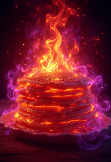 A stack of pancakes completely engulfed in flames, inferno, blazing, concept art, masterpiece, perfect lighting, purple flames, 4k, absurdres,