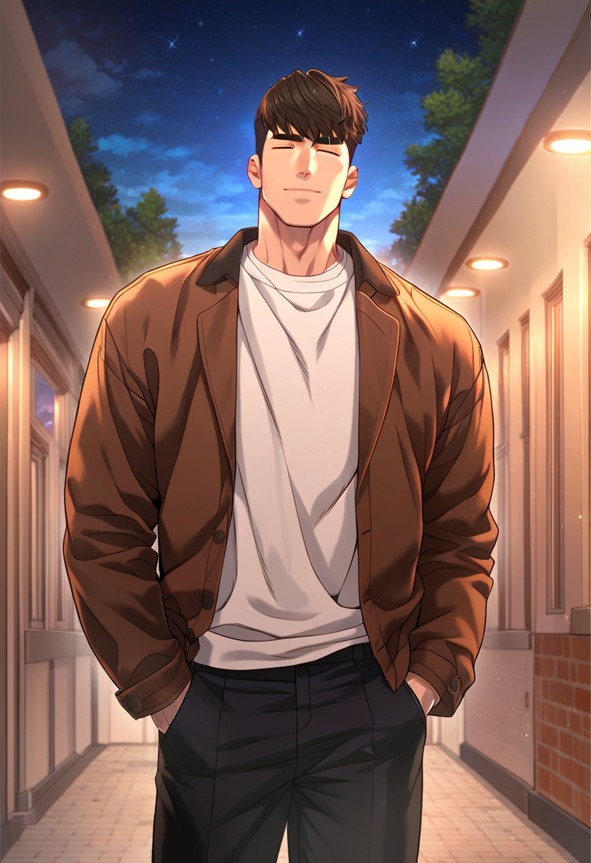 1boy, male focus, solo,
<lora:Character - Questism - Kang_Seok:1> kangseok, short hair, black hair, closed eyes, bara
,((zPDXL)), score_9_up, score_8_up, score_7_up, score_6_up, score_5_up, score_4_up, best quality, amazing quality, best aesthetic, amazing aesthetic, absurdres, year2023, uncensored, very nsfw, official art, official style, depth of field, detailed eye,
night, outdoors, standing, black pants, brown jacket, shirt, courtyard, 
<lora:Style - Expressive_H-000001:1> expressiveh