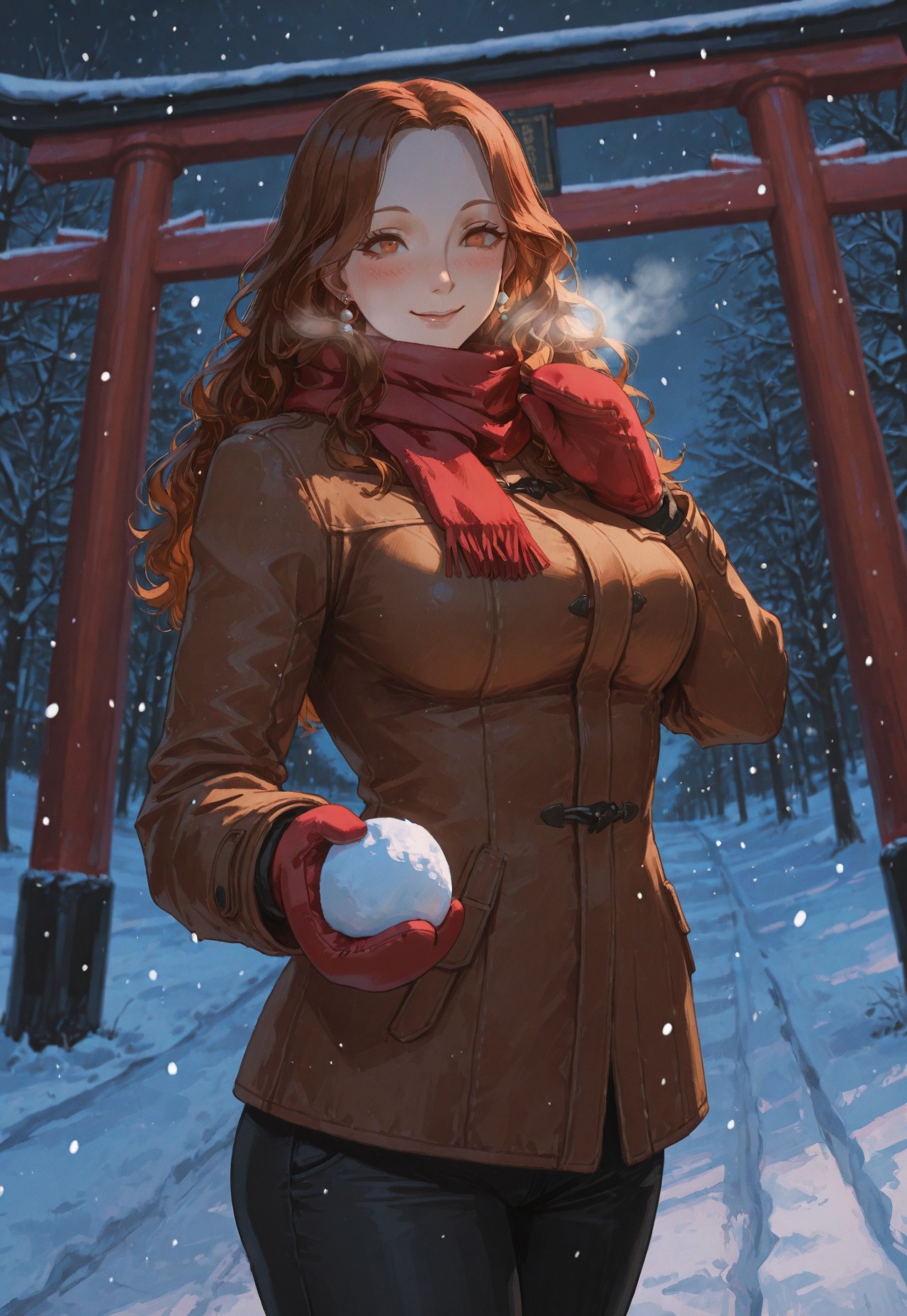 masterpiece,best quality,amazing quality, absurdres, volumetric lighting, chromatic aberration, 4k,
1girl, solo, curvy body, (large breasts), p4ebihara, amber hair, long hair, wavy hair, amber eyes, earrings, puffy winter jacket, red scarf, black winter pants, mittens, holding a snowball, cowboy shot, playful smile, blush, looking at viewer, dynamic pose, outdoors, Torii, snow, snowing, night, celshaded cannedmos, 69yottea_style_illu