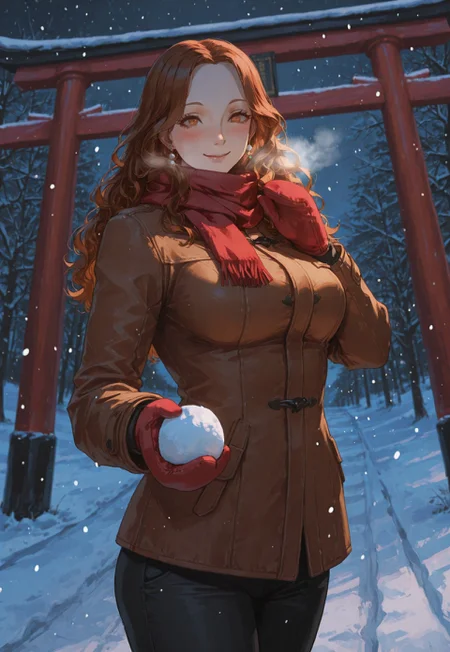 masterpiece,best quality,amazing quality, absurdres, volumetric lighting, chromatic aberration, 4k,
1girl, solo, curvy body, (large breasts), p4ebihara, amber hair, long hair, wavy hair, amber eyes, earrings, puffy winter jacket, red scarf, black winter pants, mittens, holding a snowball, cowboy shot, playful smile, blush, looking at viewer, dynamic pose, outdoors, Torii, snow, snowing, night, celshaded cannedmos, 69yottea_style_illu