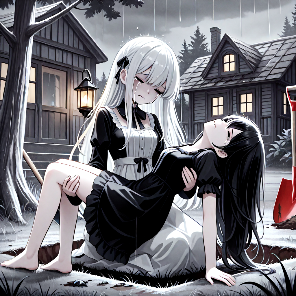 absurdres, explicit, grave digging, hand on ground, princess carry, 2girls, sleeping, carrying, crying, tears, sad, breasts, closed eyes, closed mouth, pale skin, long hair, black hair, white hair, gothic dress, bangs, tree, grass, death, corpse, victorian, house, building, oil lamp, lantern, shovel, fog, smog, grey sky, seiza, head tilt, rain, water drop, from below, low angle, ((biting own lip)), ((leaning back)), <lora:girlhategravedigging_ilxl:0.8>