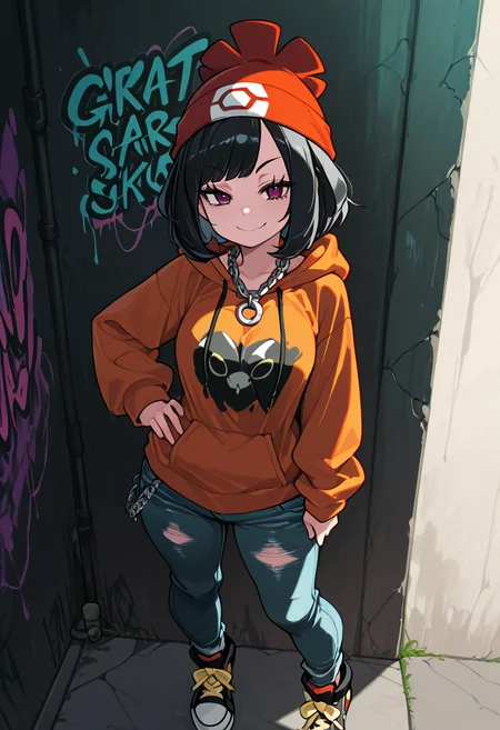 masterpiece, best quality, 1girl, solo, eyelashes, (beautiful eyes), narrow waist, smile, zzSelene, black hair, short hair, C0utur3Cr4z3, 1girl, solo, oversized hoodie, distressed jeans, chunky sneakers, statement chain necklace, beanie, graffiti alley, urban vibe â Selene stands confidently in a graffiti-covered alley, exuding bold streetwear energy. Her oversized hoodie with bold graphic prints sways as she moves, while distressed jeans and chunky sneakers give her look an effortless edge. A statement chain necklace glints against the dark backdrop, and a beanie sits atop her short black hair. The alley's vibrant graffiti adds color to the scene, highlighting her urban style. aged up, hand on hip, smug, <lora:SelenePokemon_NAI:1.0>, <lora:CitronKuroStyle_IXL:1.0>,