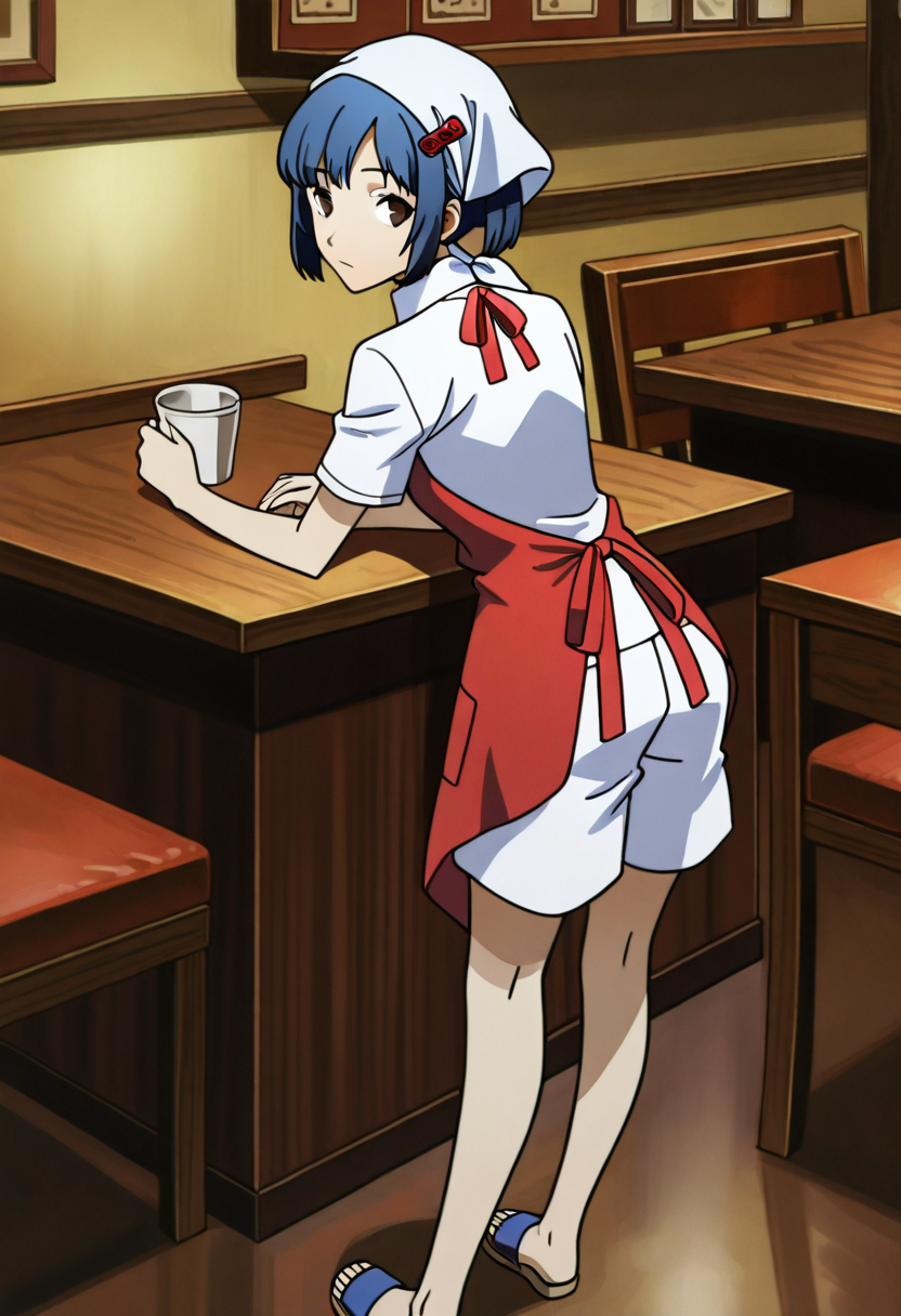 1 girl, solo, cute face,
p4aika, short hair, blue hair, head scarf, red apron, hair ornament, white shirt, collared shirt, white shorts, sandals, from behind, looking back, long legs,
looking at viewer, standing, expressionless,
inside, restaurant,
masterpiece, best quality, ultra detailed,