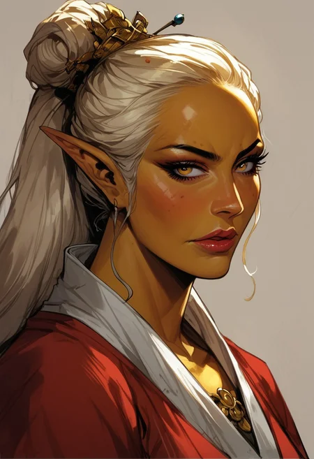 score_9, score_8_up, score_7_up, BREAK,
1girl, mature and imposing, 30 years old, portrait, beautiful, Elf wizard, (((asian, asian woman, golden colored skin, tanned skin, tanned, sunbathed, sunbathed skin:1.3))), evil, villain, blonde hair, medium brests, golden eyes, mature, mature woman, long ponytail, single ponytail, side bangs, modest clothing, red fantasy toga, red kimono, closed mouth, arrogant <lora:Fant5yP0ny:0.6> <lora:fantasy_world_pony:0.9>
<lora:Cherry-Gig:0.55>
