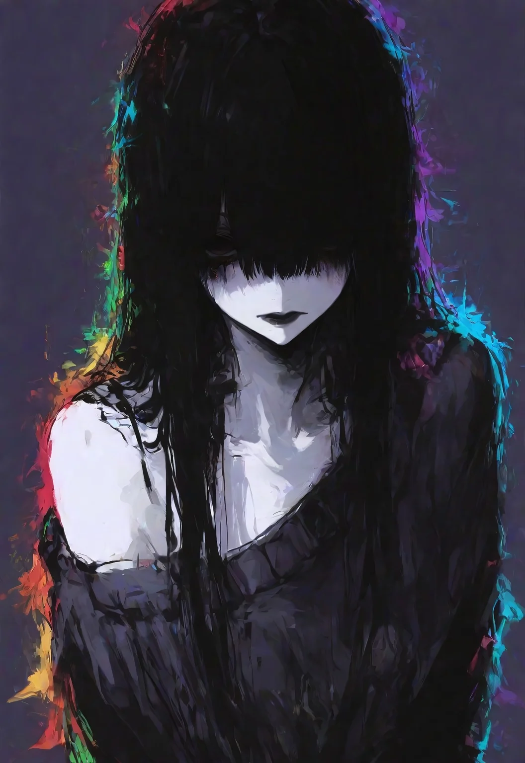 r17329_illu,  xxx667_illu,   colorful, rainbow palette, sketch, masterpiece, amazing quality, very aesthetic, detailed eyes, detailed face, detailed skin, simple background, BREAK
1 girl, long black hair, straight hair, messy hair, wearing dark makeup, deep black lipstick. shadowed eyes, reflecting sadness and intensity. The lighting is moody and dramatic, dim tones casting soft shadows, pale skin. dark oversized sweater, slightly slipping off one shoulder, 
<lora:r17329_illu:0.6> <lora:ponyv6_noobV1_2_adamW:0.6>