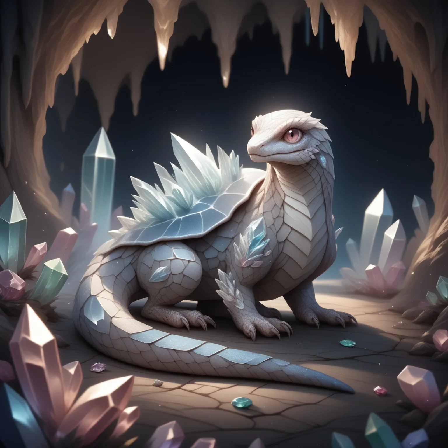 score_9, score_8_up, score_7_up, score_6_up, score_5_up, score_4_up, highly detailed, cryst4l, crystalline, crystal, no humans, rock, Lizard, scale, fantasy, claws, crystal,, solo, full body, blurry, tail, gem, cave, closed mouth, shell <lora:crystalline-000002>