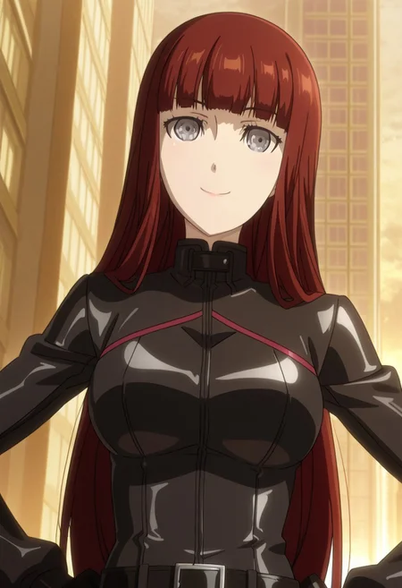 anime screencap, anime coloring, masterpiece, perfect face, perfect eyes, city, Kagari Shiina (character), 1girl, solo, red hair, long hair, blunt bangs, grey eyes, big breasts, black bikesuit, black body suit, skin tight, iron made zip, closed zip, black belt, dynamic angle, smile, 23 years old woman, aged up, hands on hips, upper body, face focus, Kagari Shiina