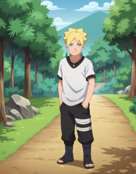 score_9, score_8_up, score_7_up, source_anime,anime screencap,anime coloring,
uncensored,
boruto, 1boy, blonde hair,facial mark,whisker markings, male focus,blue eyes,
necklace,jewelry, shirt, black pants, bandages, toeless footwear,
smile,undressing,
looking at viewer,
standing, solo focus,
perfect anatomy,
scenery,outdoors,forest,
<lora:Boruto_Uzumaki_r1:0.9>