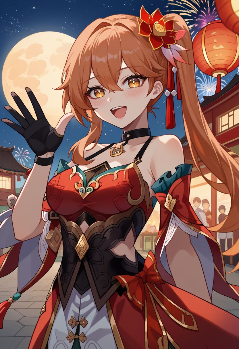 score_9, score_8_up, score_7_up, source_anime, 1girl, guinaifendef, yellow eyes, orange hair, long hair, hair between eyes, side ponytail, hair ornament, hair flower, black choker, bare shoulders, detached sleeves, red dress, chinese clothes, black gloves, black pantyhose, standing, open mouth, happy, waving, smile, blush, looking at viewer, outdoors, chinese town, fireworks, chinese new year, night, starry sky, moon, facing viewer, upper body, <lora:Guinaifen_v1-000010:1>