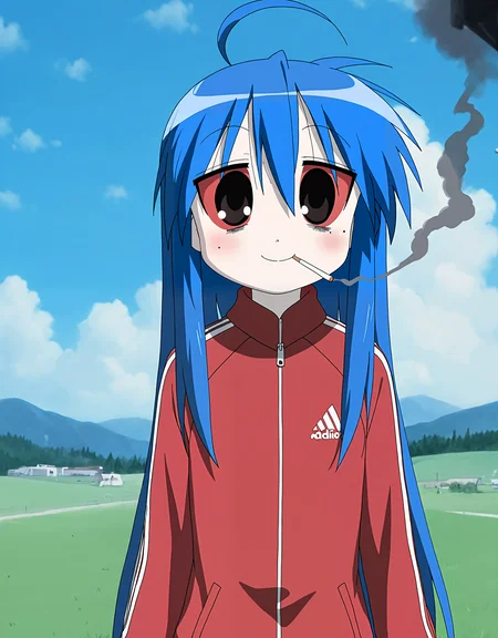 masterpiece, best quality, good quality, newest, highres, absurdres,<lora:Azumanga_style-000013:1>,azumanga_illu, style parody,anime screenshot1girl,2000s_(style),absurdres,adidas,ahoge,bags_under_eyes,birthmark,black_eyes,bliss_(image),bloodshot_eyes,blue_hair,blue_sky,cigarette,cloud,cloudy_sky,colored_skin,day,gopnik,hair_between_eyes,highres,hill,izumi_konata,jacket,konakona018,light_blue_hair,long_bangs,long_hair,looking_at_viewer,lucky_star,lying,microsoft_windows,mole,mole_under_eye,non-web_source,on_grass,outdoors,pale_skin,photo_background,raised_eyebrow,red_sclera,self-upload,sky,smile,smoke,smoking,solo,sportswear,striped_clothes,striped_jacket,track_jacket,track_suit,upper_body,white_skin,white_stripes,wide-eyed,windows_xp,zipper,