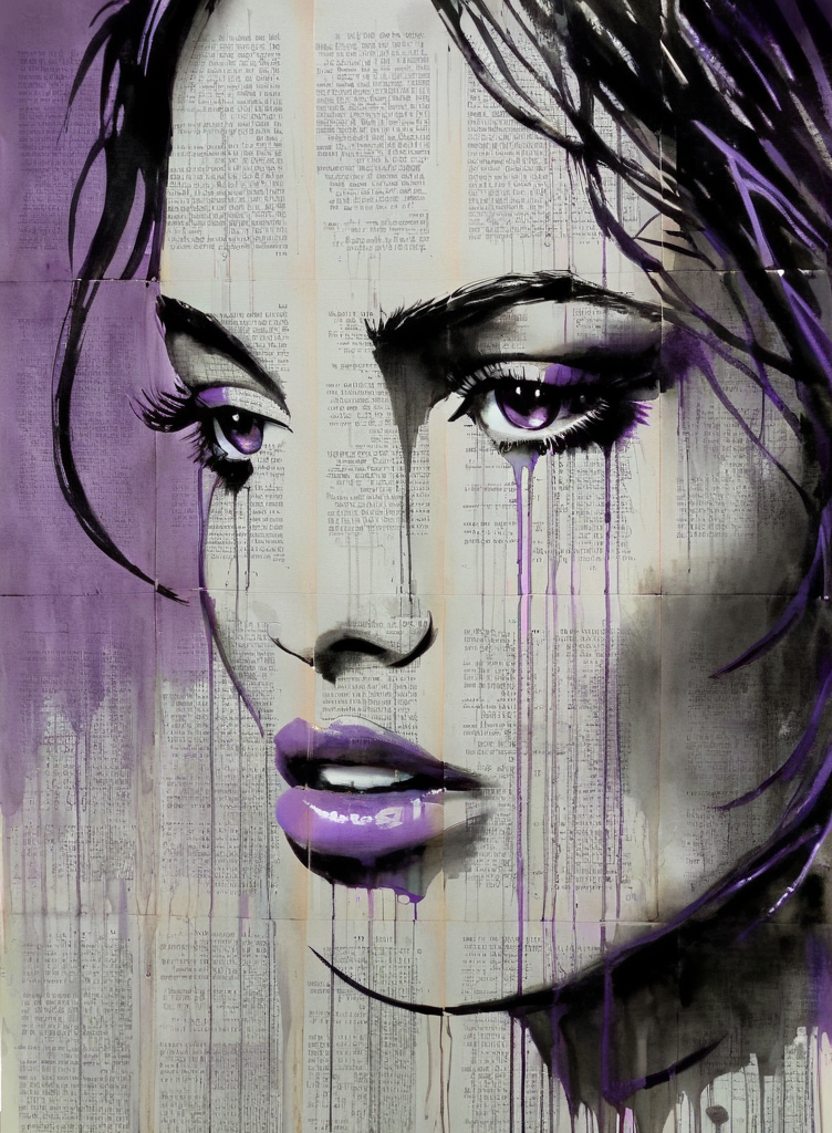 monochrome portrait of a beautiful woman, dripping purple, newspaper background  <lora:LOUIJOVER#SXDL1.0#by Loui Jover#v2.00#-000006-rs.sv_fro.0.999-nr.0128:0.8> by LOUI JOVER
