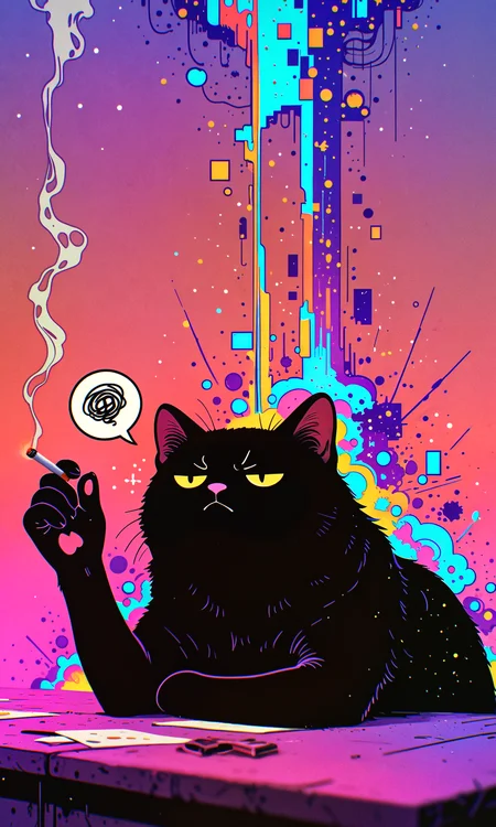 masterpiece, best quality, amazing quality, very aesthetic, absurdres, newest
Flatline, Flat vector illustration
a cat, no humans
smoking cigarette, holding cigarette, arm rest, bored, grumpy, spoken squiggle
blurry foreground
glitch effects
wtfisthis, vdsur, surreal <lora:spo_sdxl_10ep_4k-data_lora_webui:0.8> <lora:reij-detaILer_v2:0.4> <lora:Wtf-is-this-LoRA:0.8> <lora:Flatline_vector_illustration_v1.0:1> <lora:Vonderful_Psychasurreal:0.8>