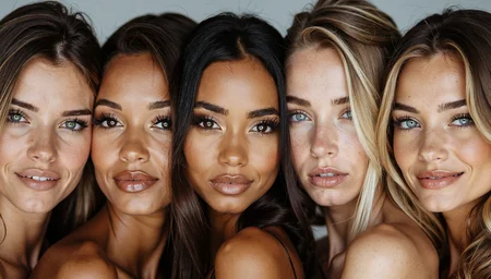 In an exquisite professional closeup photo portrait, a group of five Victoria Secrets angels models faces, side by side.