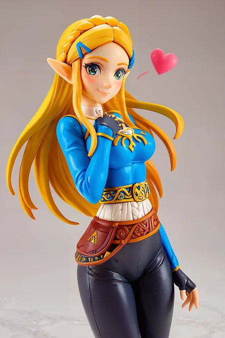high resolution, score_9, score_8_up, score_8, medium breasts, cute, eyelashes, figure, princess zelda, long hair, crown braid, hairclip, pointy ears, blue shirt, long sleeves, fingerless gloves, black gloves, black pants, tight pants, green eyes, solo, looking at viewer, smile, blush, <lora:Anime_Figure_P1:1>,