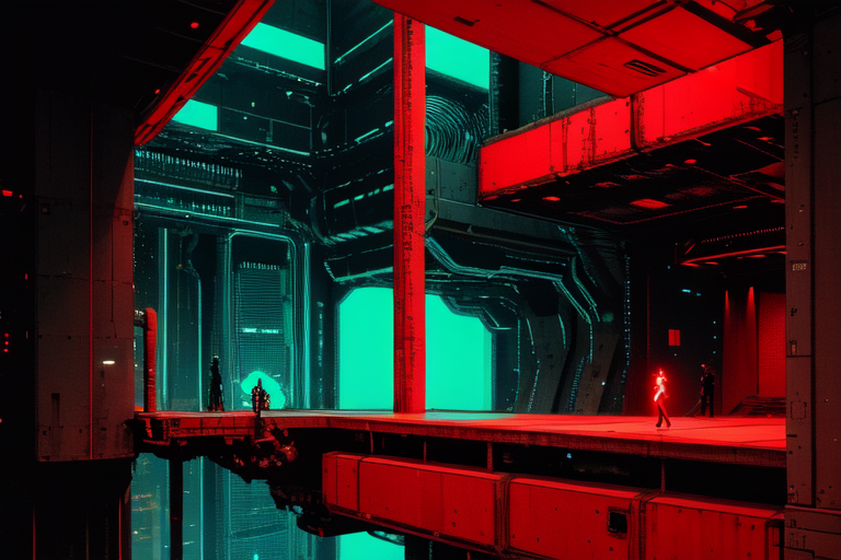 highly insanely detailed, masterpiece, top quality, best quality, highres, 4k, 8k, RAW photo, (very aesthetic, beautiful and aesthetic),  
tsutomu nihei,nihei_tsutomu,blame!,blame gakuen!,abara,TNstyle,sidonia_no_kishi,(sidonia \(ship\),stairs,tunnel,space,spacecraft,megastructure in background,deep horizon,giant room,lab,city ruins),letterboxed,concrete walls,metal walls,bones,ventilation fan,ventilation shaft,lantern,light particles,dome,walkway,mist,cables,tubes,industrial pipes,gauna,gauna mech,drainpipe,wire,star \(sky\),starry sky,clouds,air conditioner,empty,futuristic,science fiction,biomachine,bioluminescence,decrepit,no human,vast scenery,perspective,open space,dark background,cyberpunk,blm, 
<lora:blamev2:0.7>, 
(1girl:1.3), 
solo focus, 
neon red background,neon green background,neon pink background,(bold color background),âââ