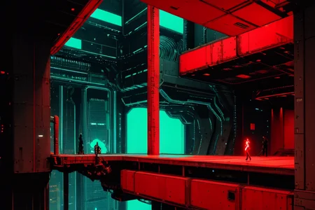 highly insanely detailed, masterpiece, top quality, best quality, highres, 4k, 8k, RAW photo, (very aesthetic, beautiful and aesthetic),
tsutomu nihei,nihei_tsutomu,blame!,blame gakuen!,abara,TNstyle,sidonia_no_kishi,(sidonia \(ship\),stairs,tunnel,space,spacecraft,megastructure in background,deep horizon,giant room,lab,city ruins),letterboxed,concrete walls,metal walls,bones,ventilation fan,ventilation shaft,lantern,light particles,dome,walkway,mist,cables,tubes,industrial pipes,gauna,gauna mech,drainpipe,wire,star \(sky\),starry sky,clouds,air conditioner,empty,futuristic,science fiction,biomachine,bioluminescence,decrepit,no human,vast scenery,perspective,open space,dark background,cyberpunk,blm,
<lora:blamev2:0.7>,
(1girl:1.3),
solo focus,
neon red background,neon green background,neon pink background,(bold color background),âââ