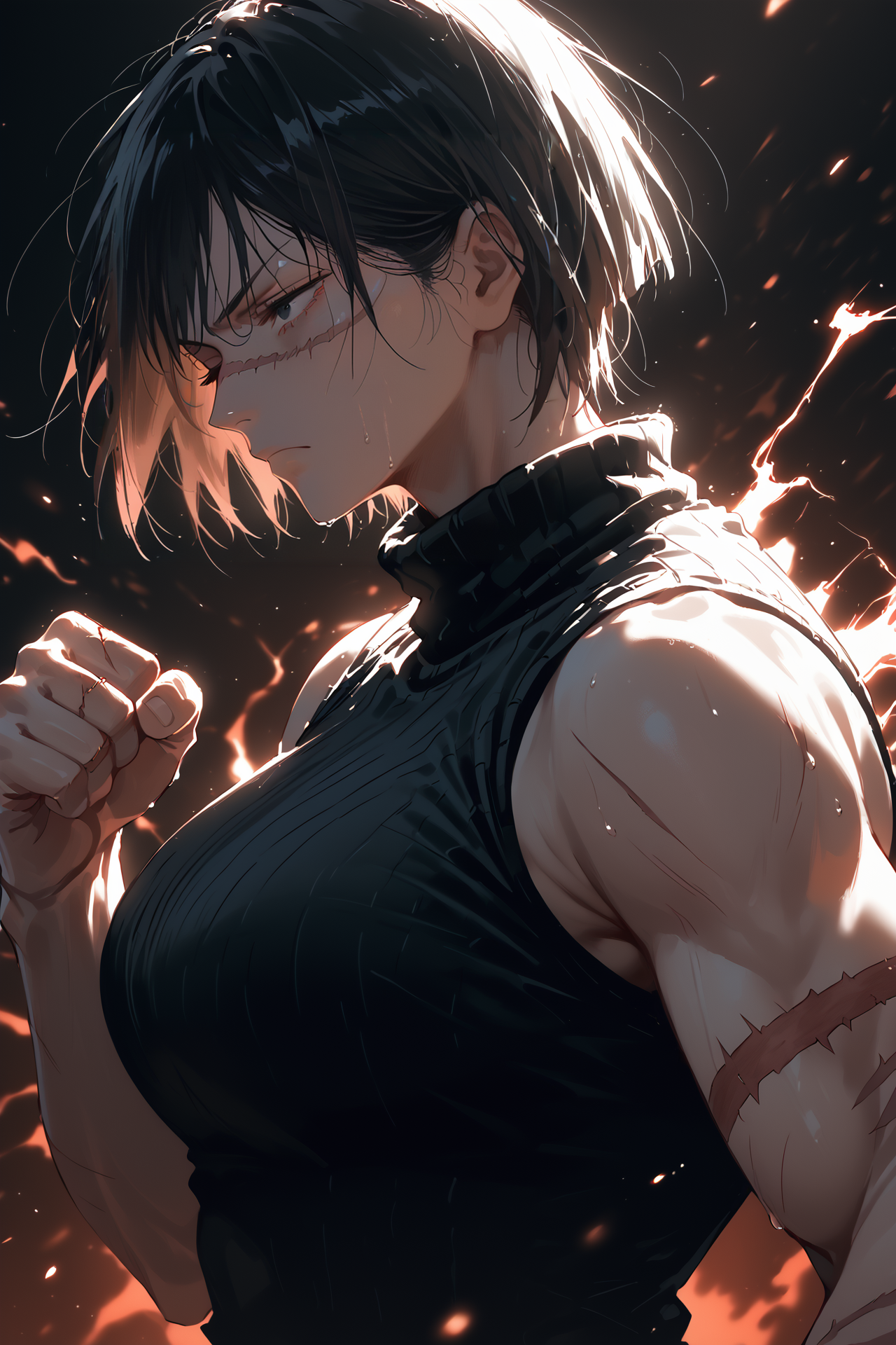 style of jujutsu kaisen,<lora:AIã¤ã©ã¹ããããã:0.5>,<lora:modern_anime_screencap_v1_0>,source_anime,score_9,score_8_up,score_7_up,score_6_up,dark theme,dark background,low light,looking ahead,black background,upper body,
1girl,solo,<lora:age_slider_v4:1.2>,tomboy,tall female,black hair,short hair,bangs,black eyes,pale skin,petite,toned,large breasts,expressionless,sweat,from side,scar on face,scar across eye,clenched hands,half-closed eyes,bags under eyes,fighting stance,aura,sleeveless,scar,scar on arm,burn scar,black turtleneck sweater,black pants,one eye closed,