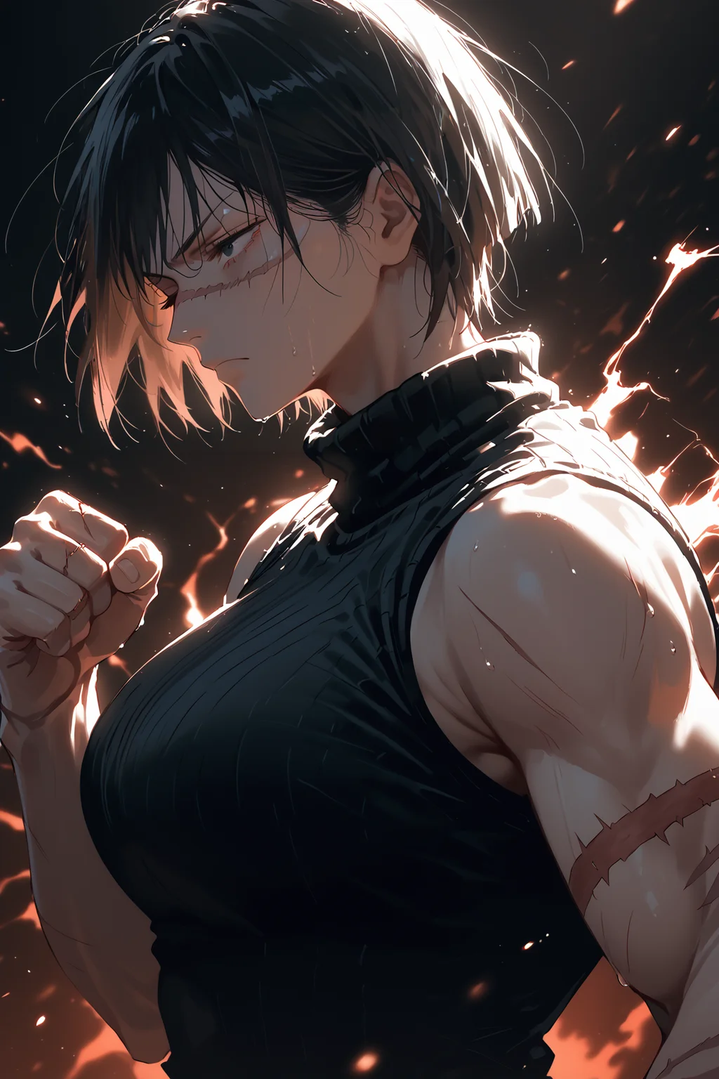 style of jujutsu kaisen,<lora:AIã¤ã©ã¹ããããã:0.5>,<lora:modern_anime_screencap_v1_0>,source_anime,score_9,score_8_up,score_7_up,score_6_up,dark theme,dark background,low light,looking ahead,black background,upper body,
1girl,solo,<lora:age_slider_v4:1.2>,tomboy,tall female,black hair,short hair,bangs,black eyes,pale skin,petite,toned,large breasts,expressionless,sweat,from side,scar on face,scar across eye,clenched hands,half-closed eyes,bags under eyes,fighting stance,aura,sleeveless,scar,scar on arm,burn scar,black turtleneck sweater,black pants,one eye closed,