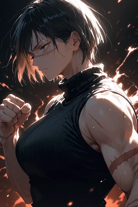 style of jujutsu kaisen,<lora:AIã¤ã©ã¹ããããã:0.5>,<lora:modern_anime_screencap_v1_0>,source_anime,score_9,score_8_up,score_7_up,score_6_up,dark theme,dark background,low light,looking ahead,black background,upper body,
1girl,solo,<lora:age_slider_v4:1.2>,tomboy,tall female,black hair,short hair,bangs,black eyes,pale skin,petite,toned,large breasts,expressionless,sweat,from side,scar on face,scar across eye,clenched hands,half-closed eyes,bags under eyes,fighting stance,aura,sleeveless,scar,scar on arm,burn scar,black turtleneck sweater,black pants,one eye closed,