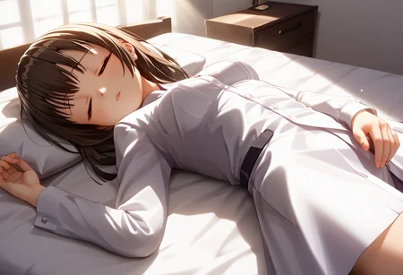 score_9, score_8_up, score_7_up, BREAK source_anime, (masterpiece), (best quality), 1girl, chihara_yukine, closed eyes, brown colored hair, straight hair, (ultra detailed), buttoned white shirts, colorful light, shine, sunlight, lens flare, lied on bed, sleeping, <lora:chihara_yukine-V2:0.9>