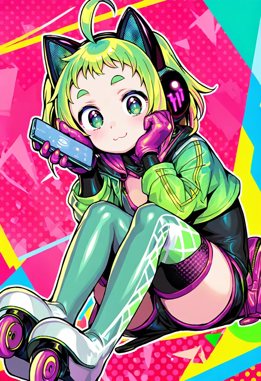 1girl, animal ear headphones, solo, animal ears, cat ear headphones, fake animal ears, headphones, green hair, ahoge, phone, thighhighs, gloves, green eyes, holding, holding phone, :3, cellphone, sitting, cat ears, thigh boots, boots, looking at viewer, skates, roller skates, jacket, smile, full body, thick eyebrows, smartphone, blush <lora:gyokaiXL_NBVP1_lokr_V6311P:0.95>