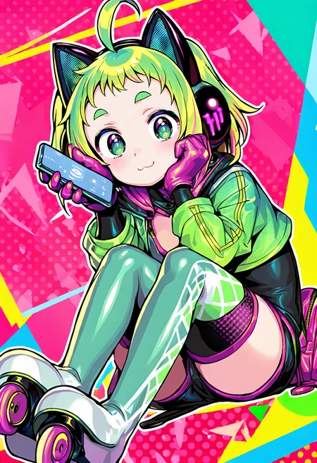 1girl, animal ear headphones, solo, animal ears, cat ear headphones, fake animal ears, headphones, green hair, ahoge, phone, thighhighs, gloves, green eyes, holding, holding phone, :3, cellphone, sitting, cat ears, thigh boots, boots, looking at viewer, skates, roller skates, jacket, smile, full body, thick eyebrows, smartphone, blush <lora:gyokaiXL_NBVP1_lokr_V6311P:0.95>
