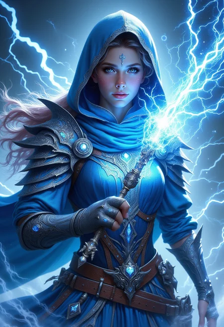 realistic scenery, ultra high quality, very detailed, a gorgeous air elemental sorceress wearing blue body armor and holding an blue entchanted mage battle staff, she is surrounded by a powerfull lightning aura, close up, <lora:Elementalists>