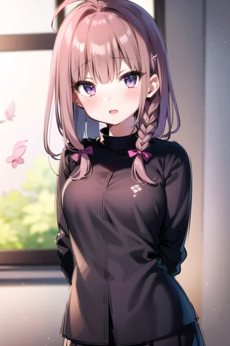 Tsube Hana,1girl, side braid, ahoge, light brown ,hair pink hair, purple eyes, hair tie,arms behind back,, classroom, open window, cherry blossoms, river