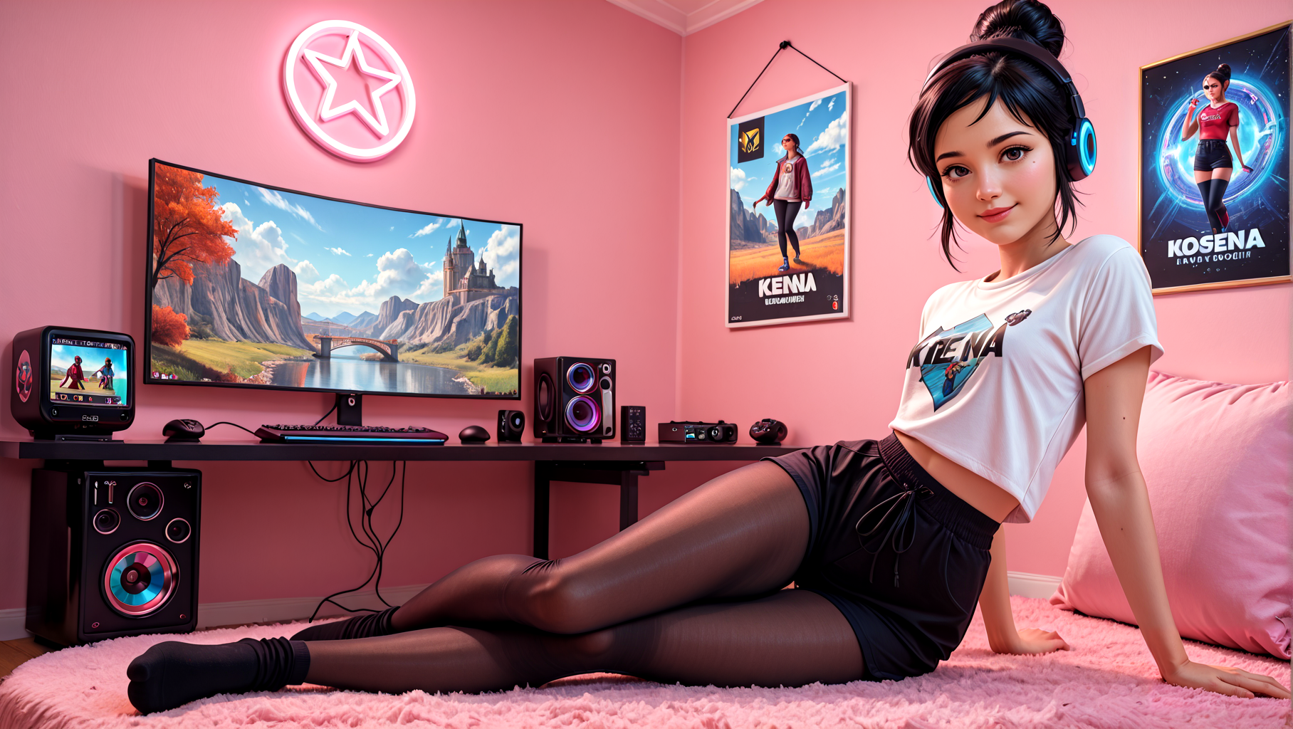 score_9,score_8_up,score_7_up,KBOSKena,hair bun,black hair,blue eyes,kboskena,makeup,mole,mole under eye,looking at viewer,lips,smile,gaming shirt,shorts,pantyhose,gaming headphones,4 fingers,1 thumb 5 toes,very sexy,very pretty face,beautiful girl,beautiful face,female,sexy pose,fully clothed,In her gaming room playing Kena Bridge Of Spirits remastered with posters,gaming equipment switch 2 controllers,8k<lora:illustrious_best_quality_v1:1>masterpiece,best quality,very aesthetic,absurdres,SFW,game quality visuals<lora:Detail-Enhancer-v1.0:1><lora:d0f:1><lora:ILKBOSKena:0.8>KBOSKena,1girl,hair bun,black hair,blue eyes<full body view,<lora:gaming_r00m:0.8>gaming r00m<lora:Makeup slider - Illustrious_alpha1.0_rank4_noxattn_last:0.8>