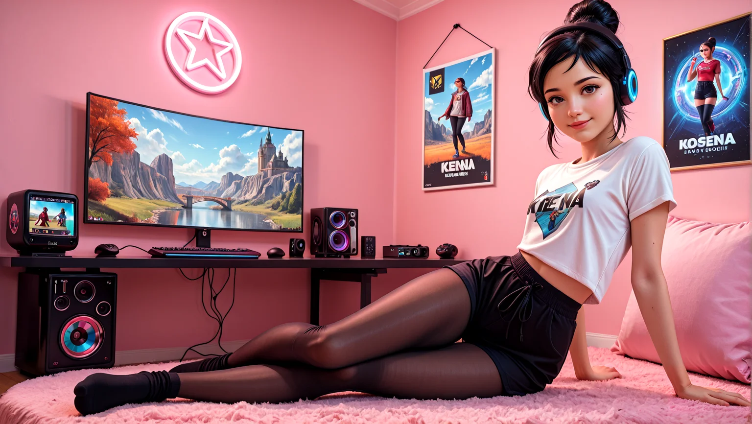 score_9,score_8_up,score_7_up,KBOSKena,hair bun,black hair,blue eyes,kboskena,makeup,mole,mole under eye,looking at viewer,lips,smile,gaming shirt,shorts,pantyhose,gaming headphones,4 fingers,1 thumb 5 toes,very sexy,very pretty face,beautiful girl,beautiful face,female,sexy pose,fully clothed,In her gaming room playing Kena Bridge Of Spirits remastered with posters,gaming equipment switch 2 controllers,8k<lora:illustrious_best_quality_v1:1>masterpiece,best quality,very aesthetic,absurdres,SFW,game quality visuals<lora:Detail-Enhancer-v1.0:1><lora:d0f:1><lora:ILKBOSKena:0.8>KBOSKena,1girl,hair bun,black hair,blue eyes<full body view,<lora:gaming_r00m:0.8>gaming r00m<lora:Makeup slider - Illustrious_alpha1.0_rank4_noxattn_last:0.8>