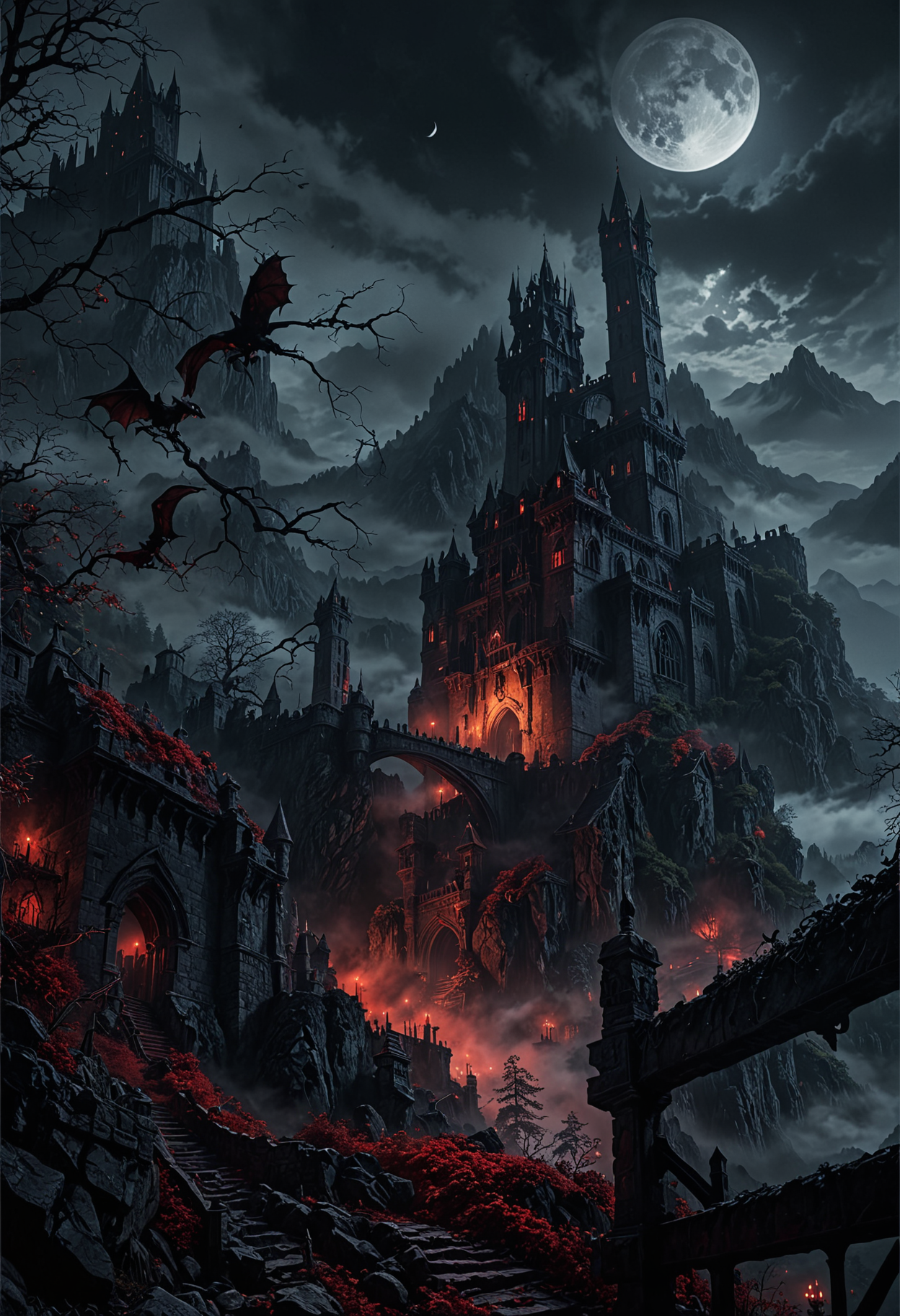 (dark magic), (grim), Castle Ravenloft, vampire castle, on top of a mountain, mist, moonlight, gothic, trail of blood, (intricate details), (hyperdetailed), 8k hdr, high detailed, lot of details, high quality, soft cinematic light, dramatic atmosphere, atmospheric perspective
OverallDetailXL  <lora:SDXLFaeTastic2400:0.4>  <lora:DetailMaximizer:0.7> detailmaximizer <lora:MJ52:0.3>