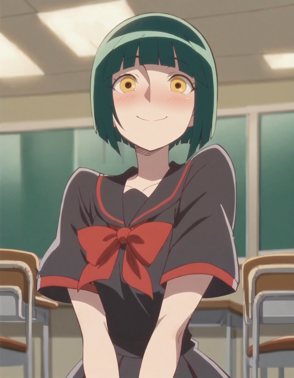 score_9, score_8_up, score_7_up, 1girl, solo, anime screencap,   yellow eyes, green hair, short hair,  bob cut, school uniform,blush ,smile,happy,closed mouth<lora:darkprecure:0.8>