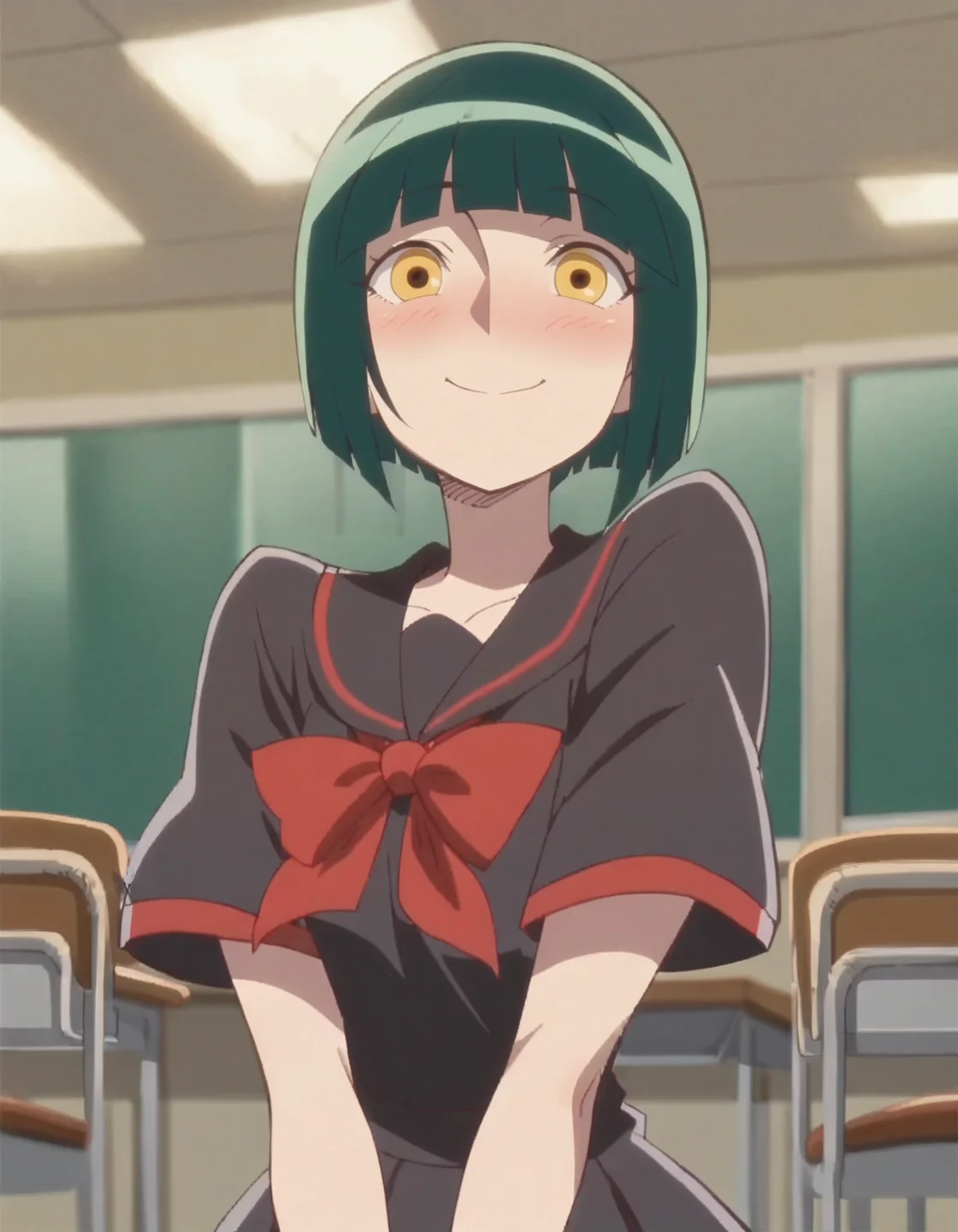 score_9, score_8_up, score_7_up, 1girl, solo, anime screencap, yellow eyes, green hair, short hair, bob cut, school uniform,blush ,smile,happy,closed mouth<lora:darkprecure:0.8>