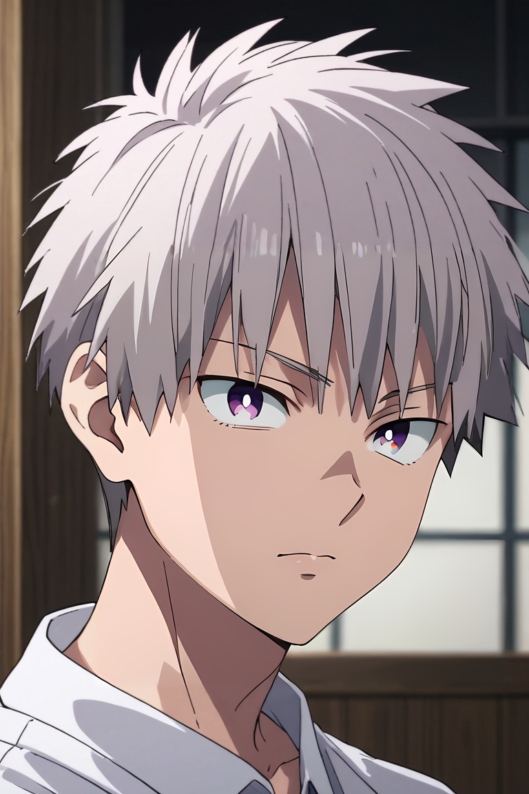 score_9, score_8_up, score_7_up, source_anime, rating_safe, intricate details, (photorealistic:0.6), , depth of field, 1boy, solo, male focus, <lora:shiki_tademaru_pony:0.86>, shiki_tademaru, grey hair, purple eyes, short hair, , , <lora:sdxl_lightning_8step_lora:1>