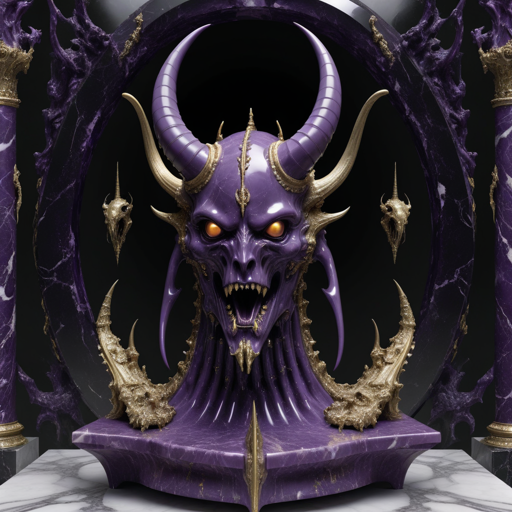 <lora:Chaos_Warfleet_-_Warhammer_40000_SDXL:1>chaoswarfleet, purple battleship,space,warp,distortion,nightmare,mirrors,curved blades,grace,elegance,marble statues,black long tongues,pincers,Ñheers,horns,hooves,insect eyes,columns,screaming faces,onyx,decorations,silver,gold,engraving,minting,marble,decor,curved shapes,