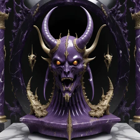 <lora:Chaos_Warfleet_-_Warhammer_40000_SDXL:1>chaoswarfleet, purple battleship,space,warp,distortion,nightmare,mirrors,curved blades,grace,elegance,marble statues,black long tongues,pincers,Ñheers,horns,hooves,insect eyes,columns,screaming faces,onyx,decorations,silver,gold,engraving,minting,marble,decor,curved shapes,