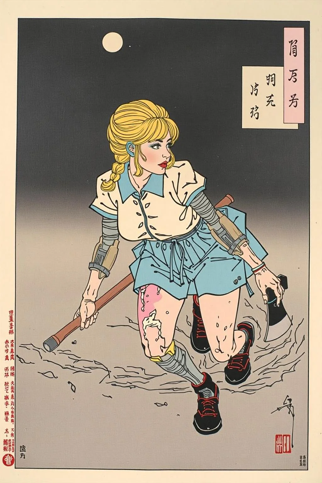 tsukioka1 Japanese woodblock print ukiyo-e.
GGrunge style a female blonde android with a braid, crawling on pavement, half skin, haf robotic parts, holding an axe, damaged clothes, style of Raymond Swanland . Textured, distressed, vintage, edgy, punk rock vibe, dirty, noisy. <lora:schnell_v1.0:1.0> <lora:tsukioka_ukyo-e4_nocap_d8a4:1.0><lora:798028189717864103:0>