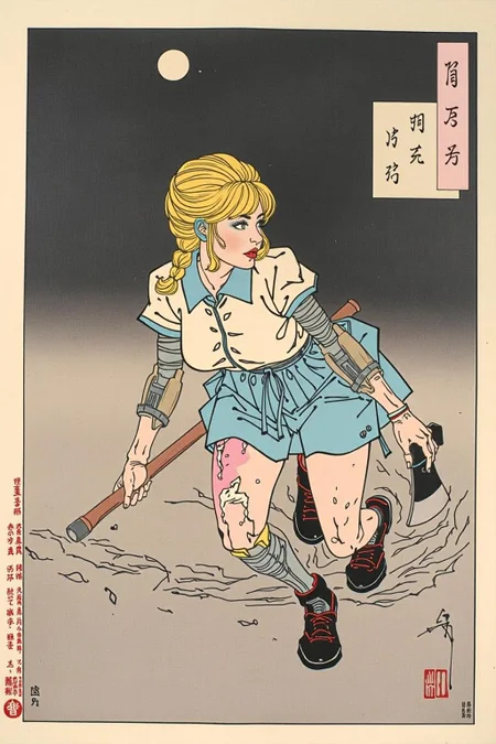 tsukioka1 Japanese woodblock print ukiyo-e.
GGrunge style a female blonde android with a braid, crawling on pavement, half skin, haf robotic parts, holding an axe, damaged clothes, style of Raymond Swanland . Textured, distressed, vintage, edgy, punk rock vibe, dirty, noisy. <lora:schnell_v1.0:1.0> <lora:tsukioka_ukyo-e4_nocap_d8a4:1.0><lora:798028189717864103:0>